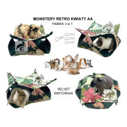 Hamak z norką dla świnki morskiej, gryzoni VELVET MONSTERY RETRO KWIATY hamak do klatki plaster miodu