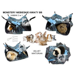 Plaster miodu hamak dla świnki morskiej 3 w 1 VELVET MONSTERY NIEBIESKIE KWIATY hamak dla gryzonia