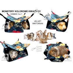 Hamak dla świnek morskich typu plaster miodu 3w1 VELVET MONSTERY KOLOROWE KWIATY hamak dla gryzoni
